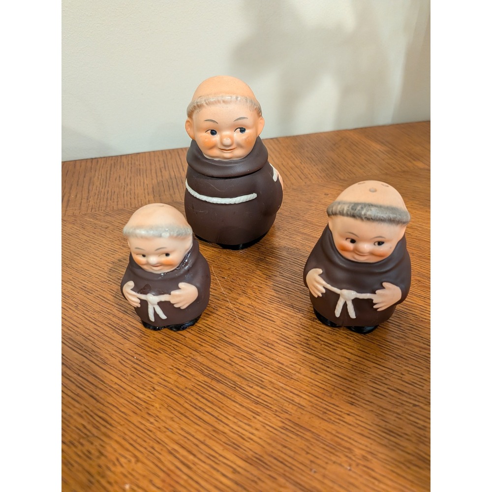 Vintage Goebel Hummel Friar Tuck Set Salt Pepper Mustard Jar